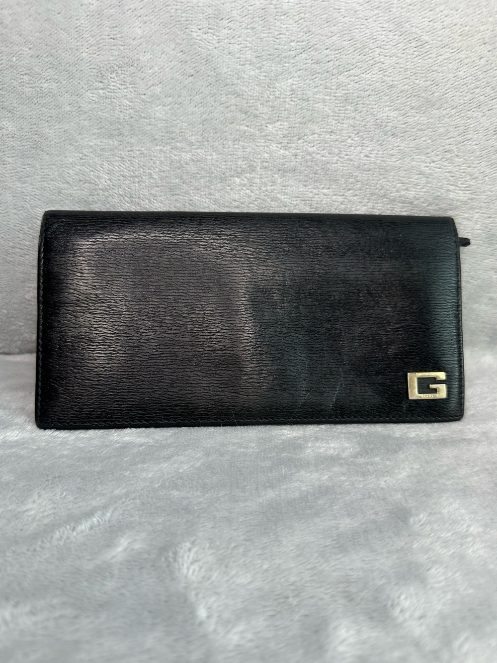 Vintage Gucci Black Leather Long Wallet Gold G Logo Made in Italy